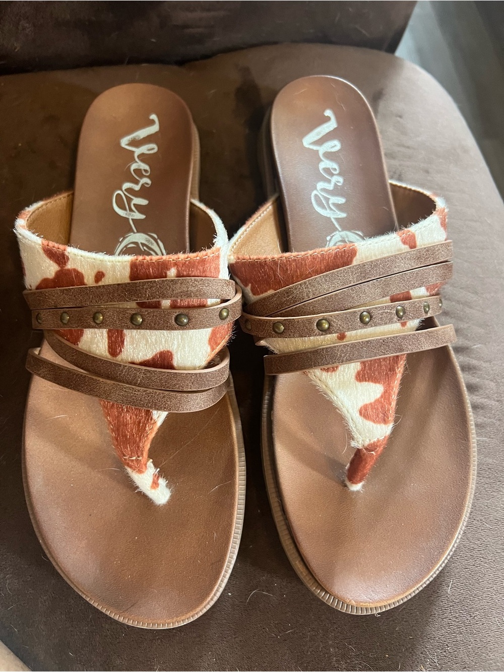 Very G Brown Cow-Print Toe-Post Sandal with Studded Straps